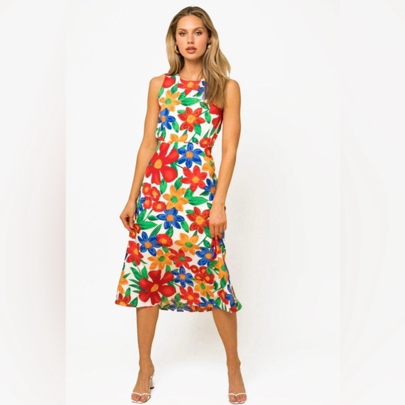 Gilli Tropical Floral Print Big Flowers Open Back Midi Dress - Picture 2 of 4